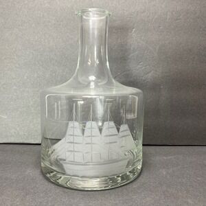 Etched Clipper Ship‎ Sailboat Glass Decanter Clear Nautical Barware Liquor